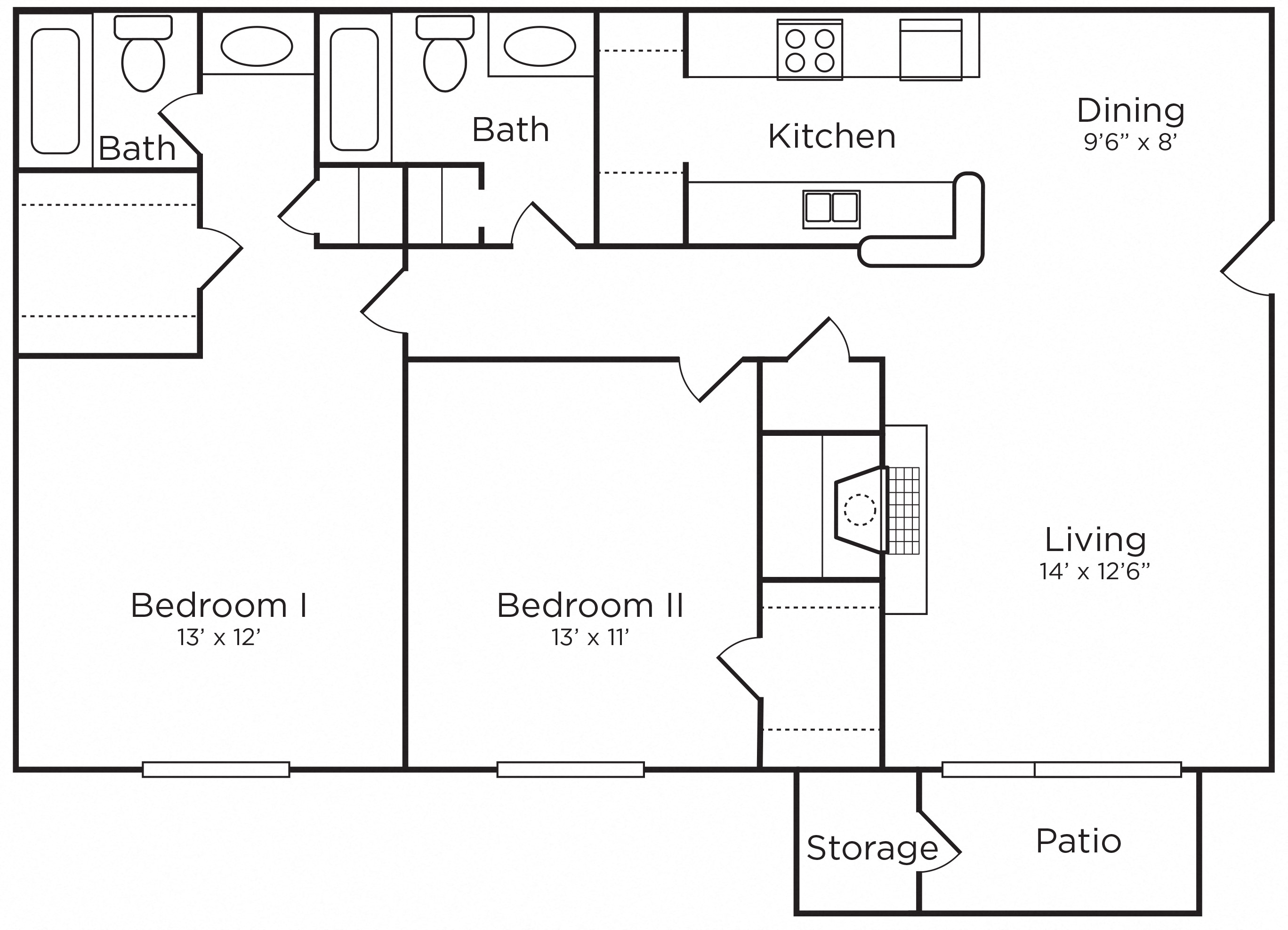 Floor plan for 2 beds, 2 baths, 1065 sqft